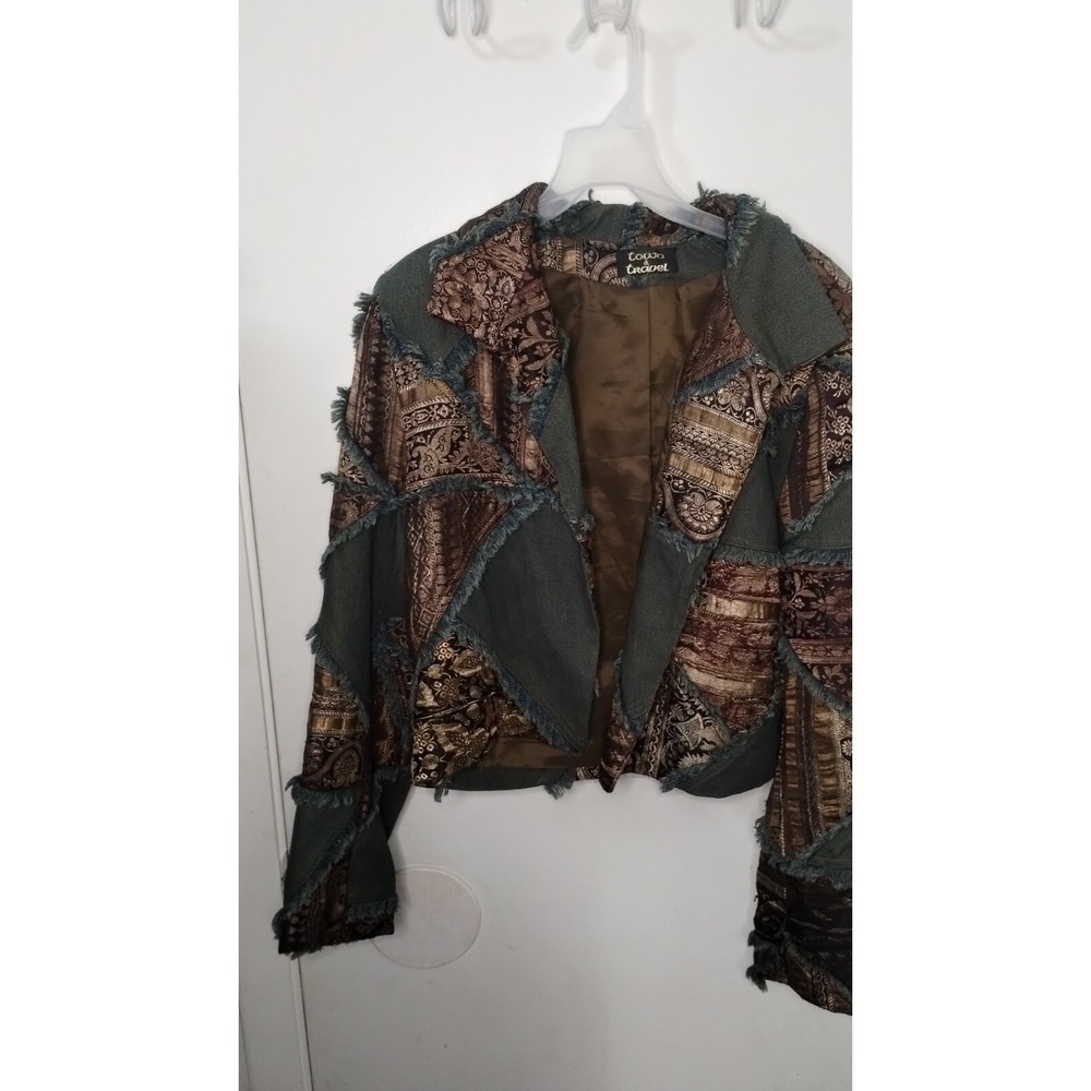 Vintage Town & Travel Denim Metallic Silk Blend Patchwork Jacket Women Sz Large - Picture 14 of 14